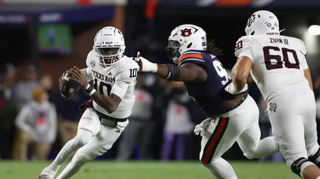 Auburn defeats Texas A&M in a closely contested football game.